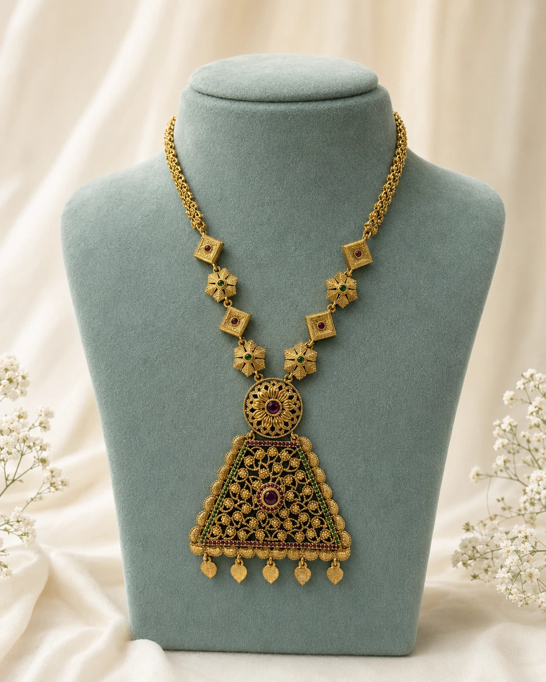 Ruby Green Floral Pendant Necklace