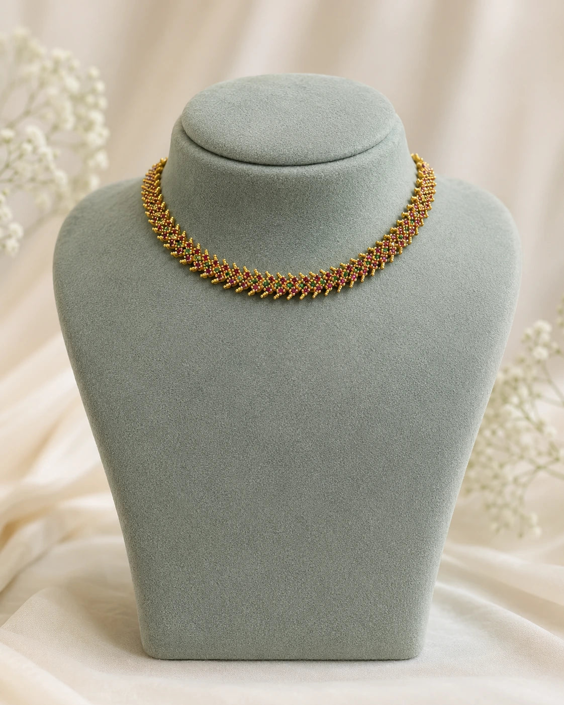 Ruby Green Leaf Pattern Necklace
