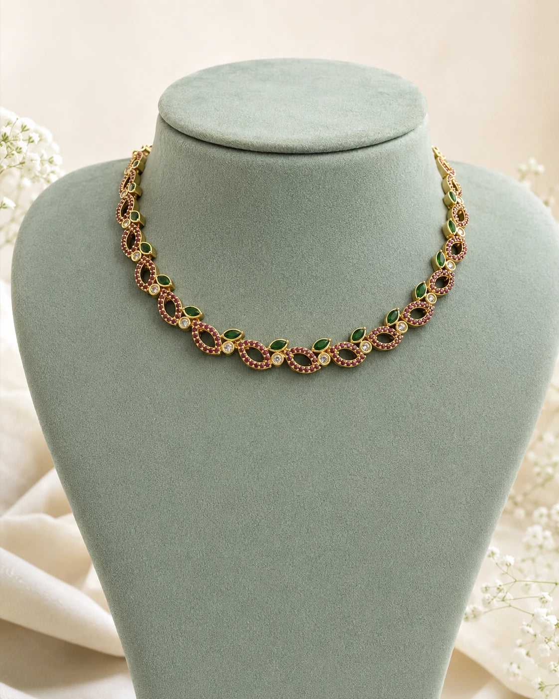 Ruby Green Leaf Stone Necklace