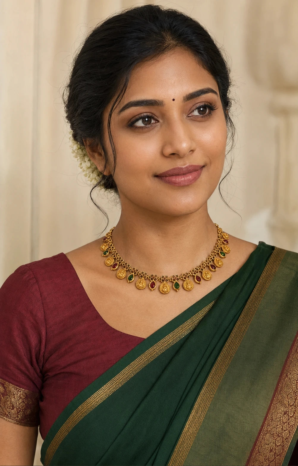 Ruby Green Lakshmi Coin Necklace