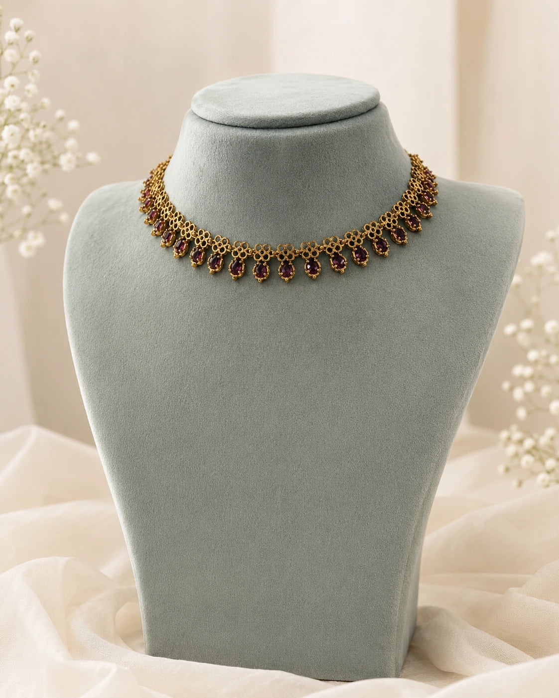 Ruby Drop Floral Necklace