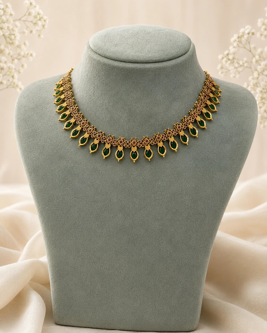 Green Teardrop Floral Necklace