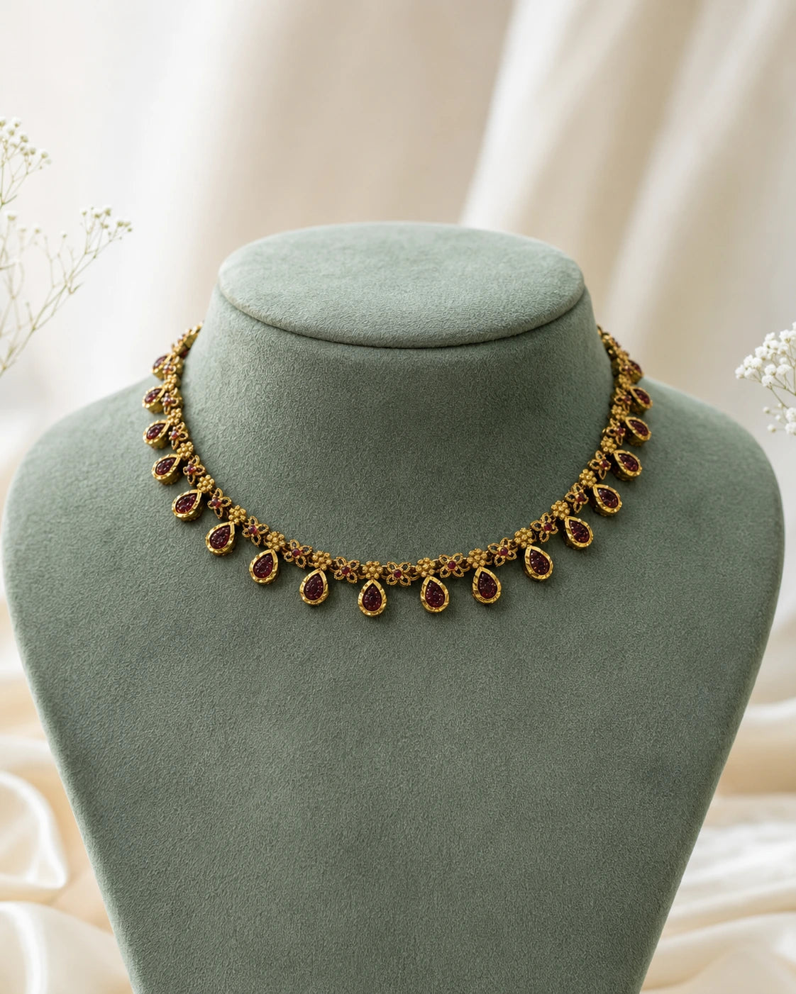 Ruby Teardrop Floral Necklace