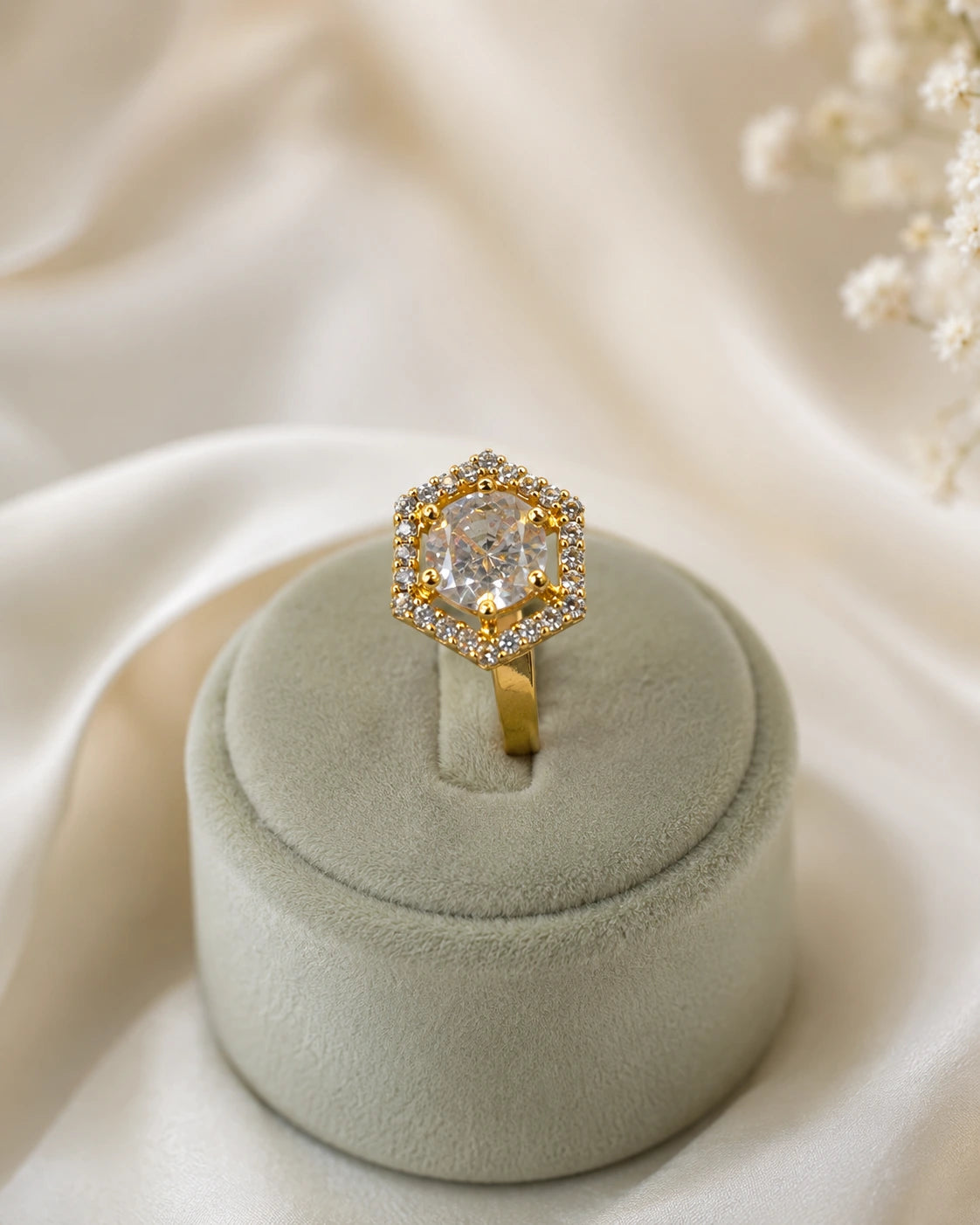 Hexagon Halo Crystal Ring