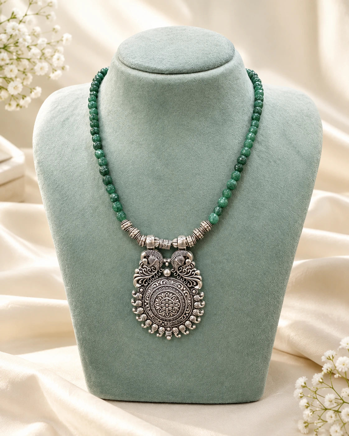 Green Beaded Oxidised Finish Necklace