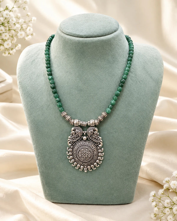 Green Beaded Oxidised Finish Necklace