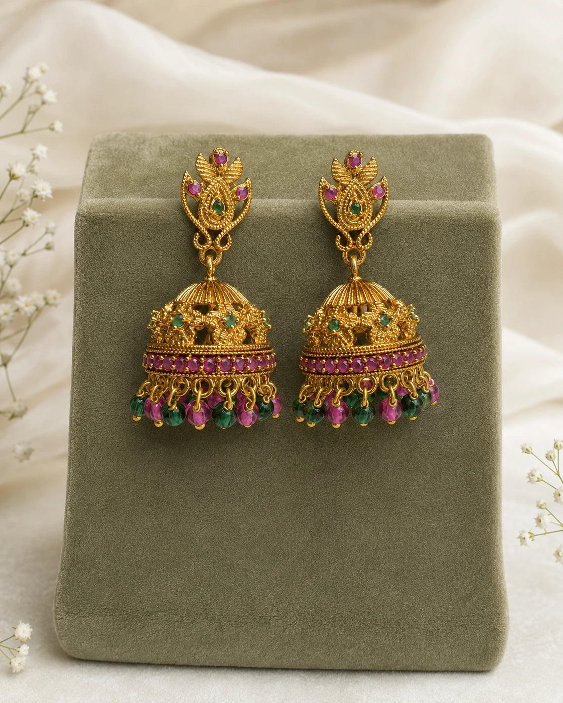 Ruby Green Peacock Jhumka Earrings