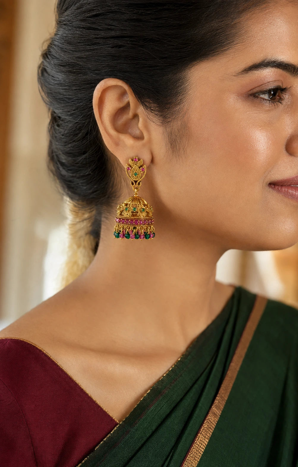 Ruby Green Peacock Jhumka Earrings
