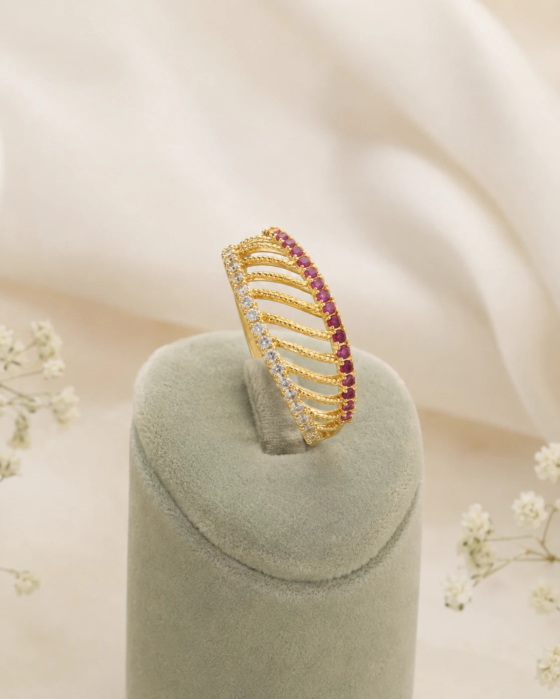Green Pink Stone Wave Ring