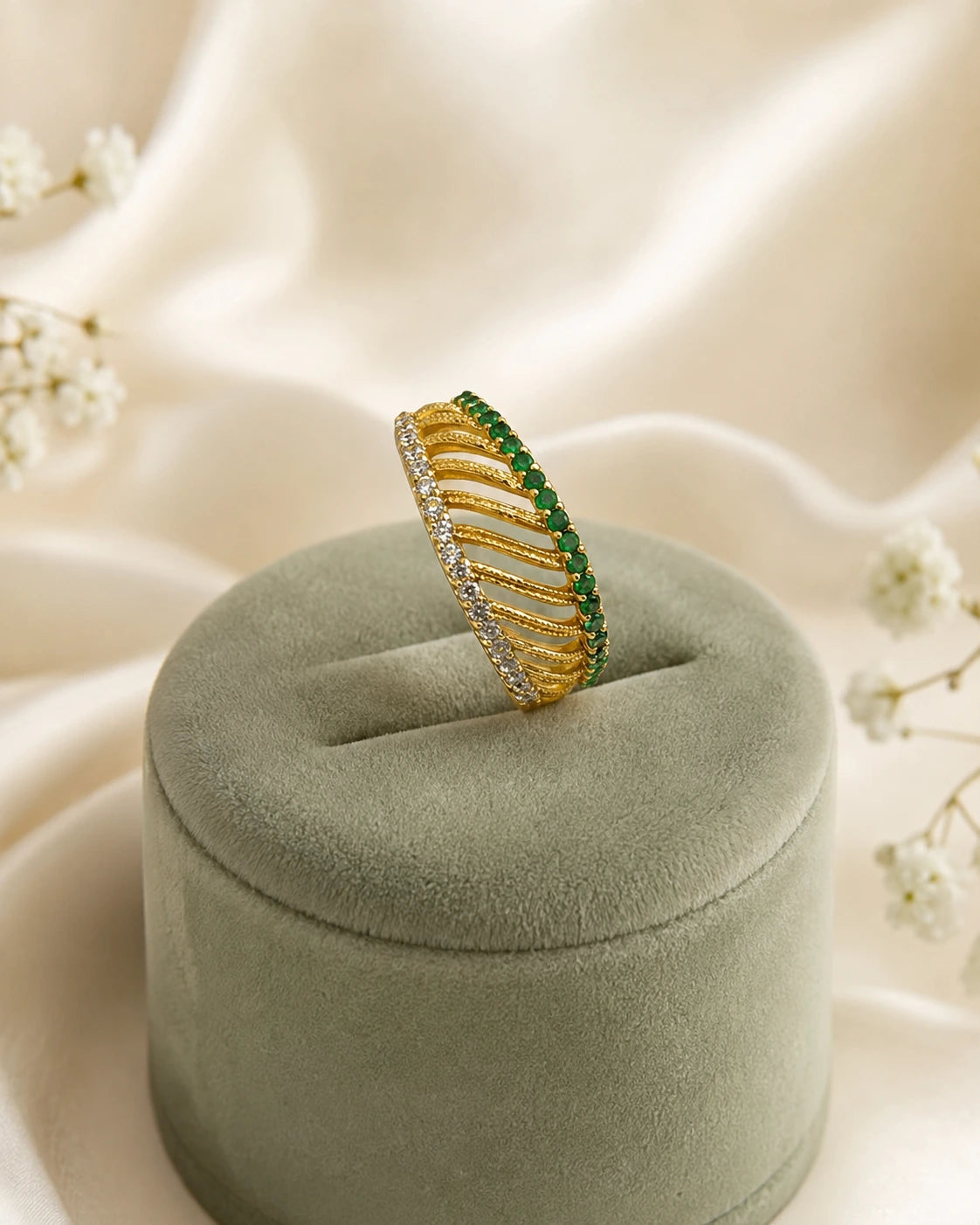 Green Pink Stone Wave Ring