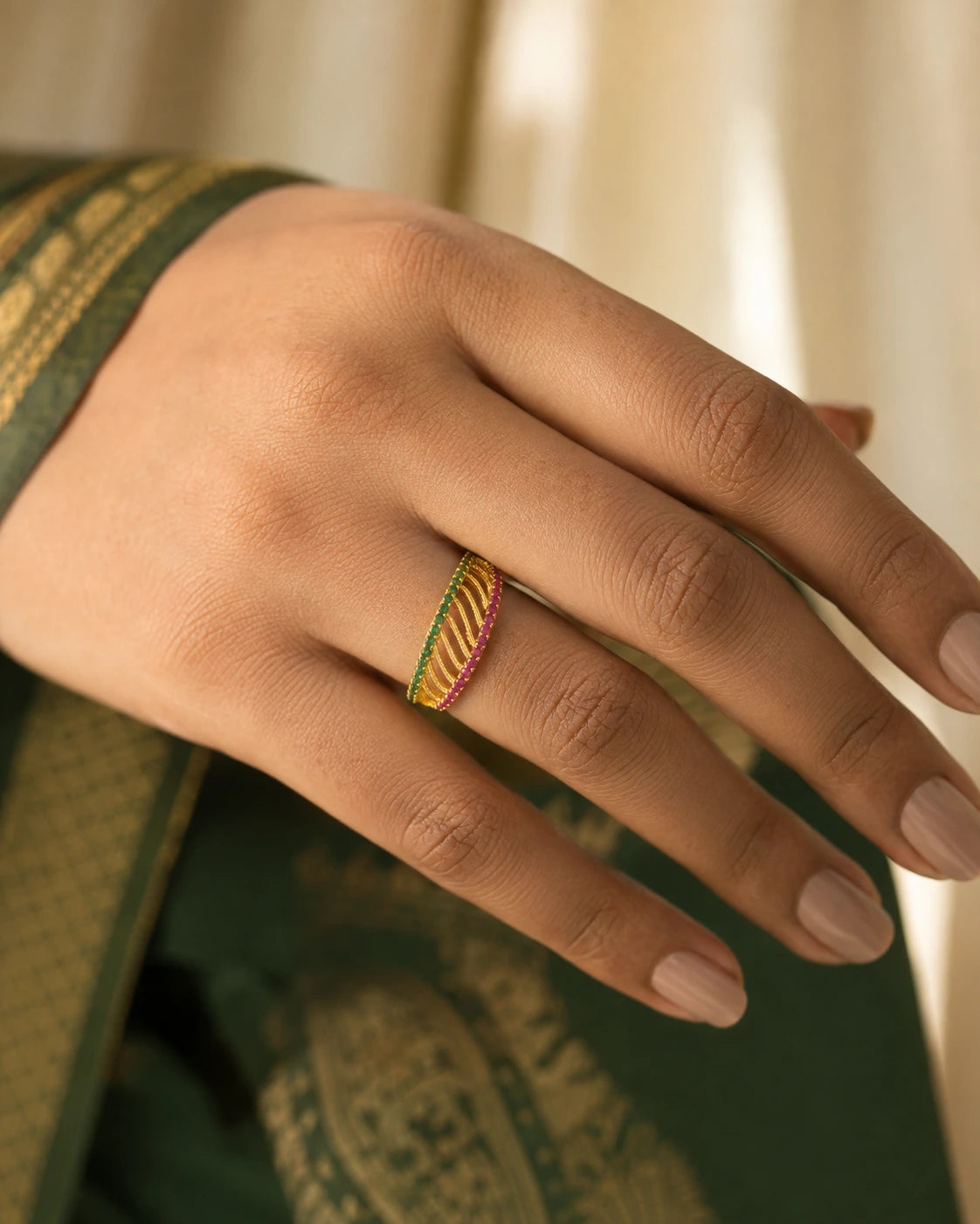 Green Pink Stone Wave Ring