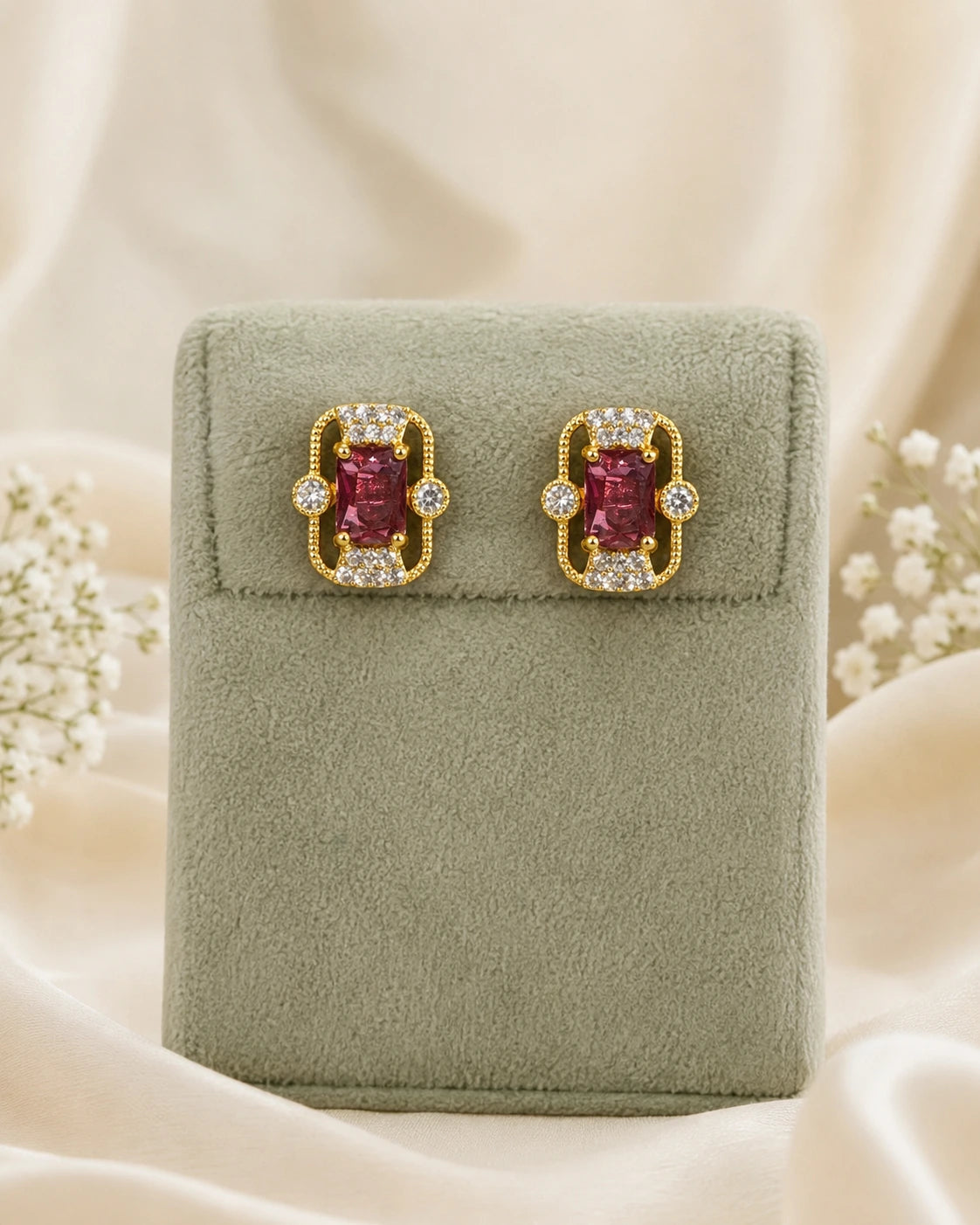 Pink Emerald-Cut Stone Earrings