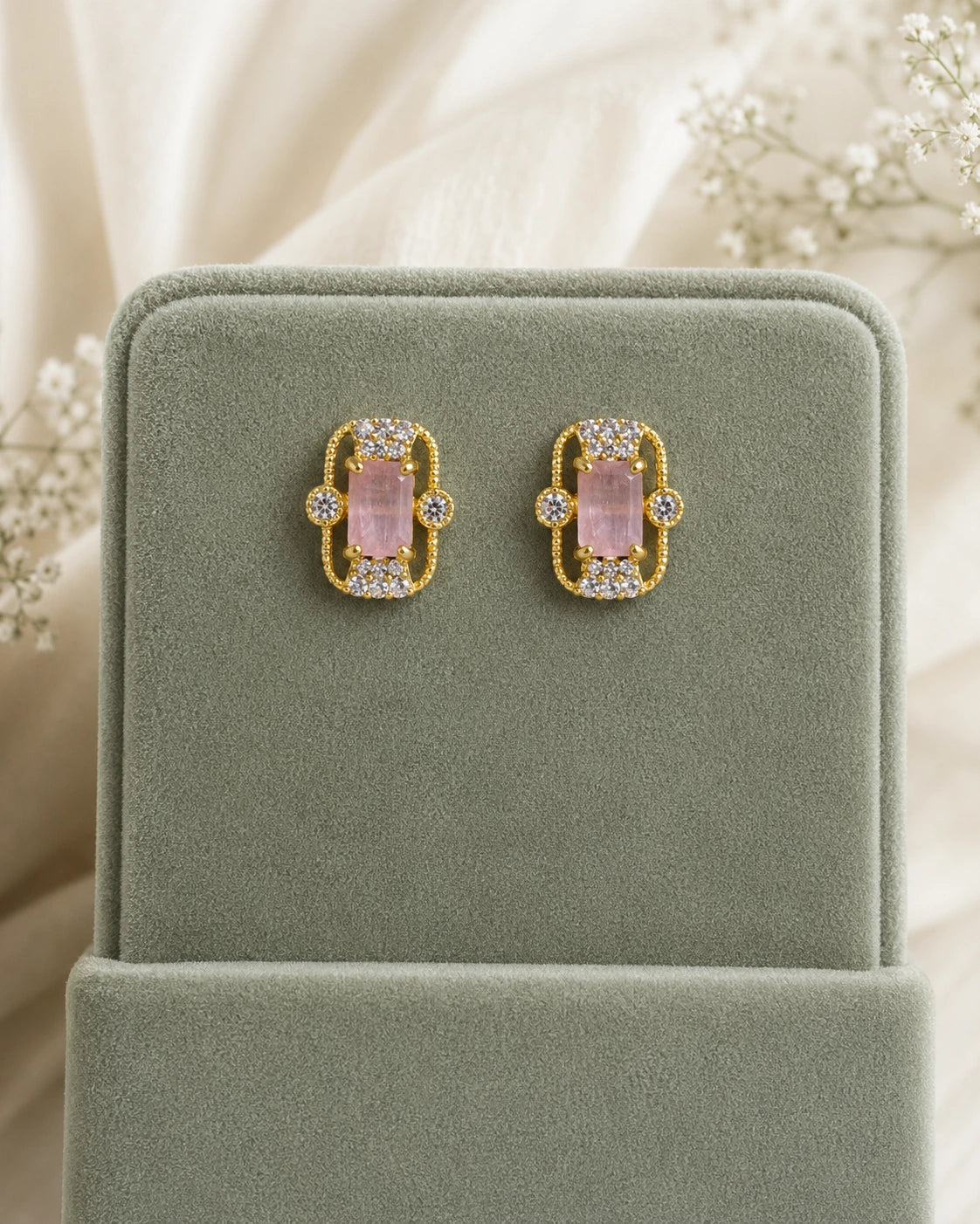 Pink Emerald-Cut Stone Earrings