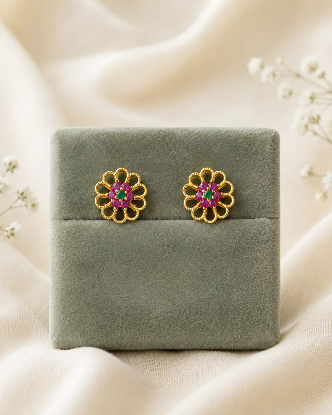 Ruby Green Floral Stud Earrings