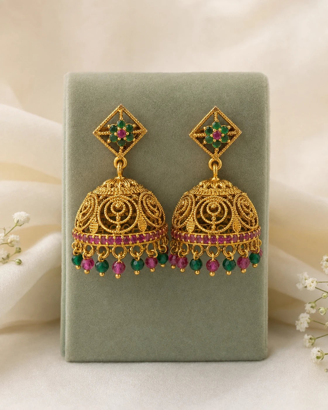 Ruby Green Beaded Jhumka Earrings
