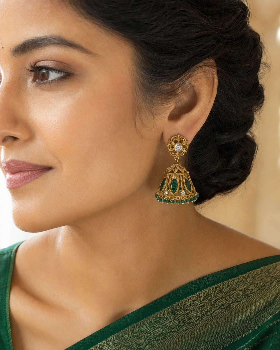 Emerald Beaded Jhumka Earrings