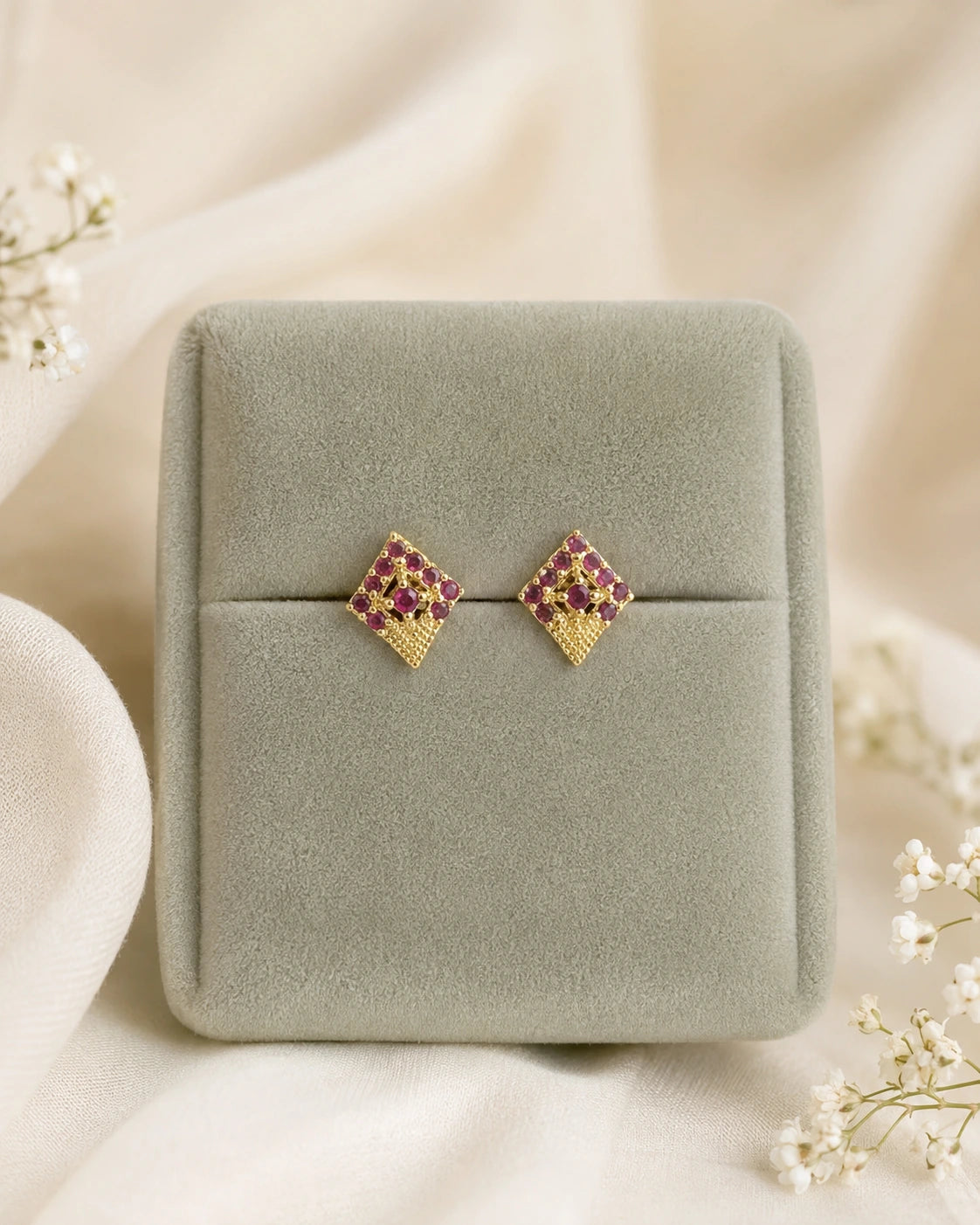 Ruby Diamond Geometric Stud Earrings