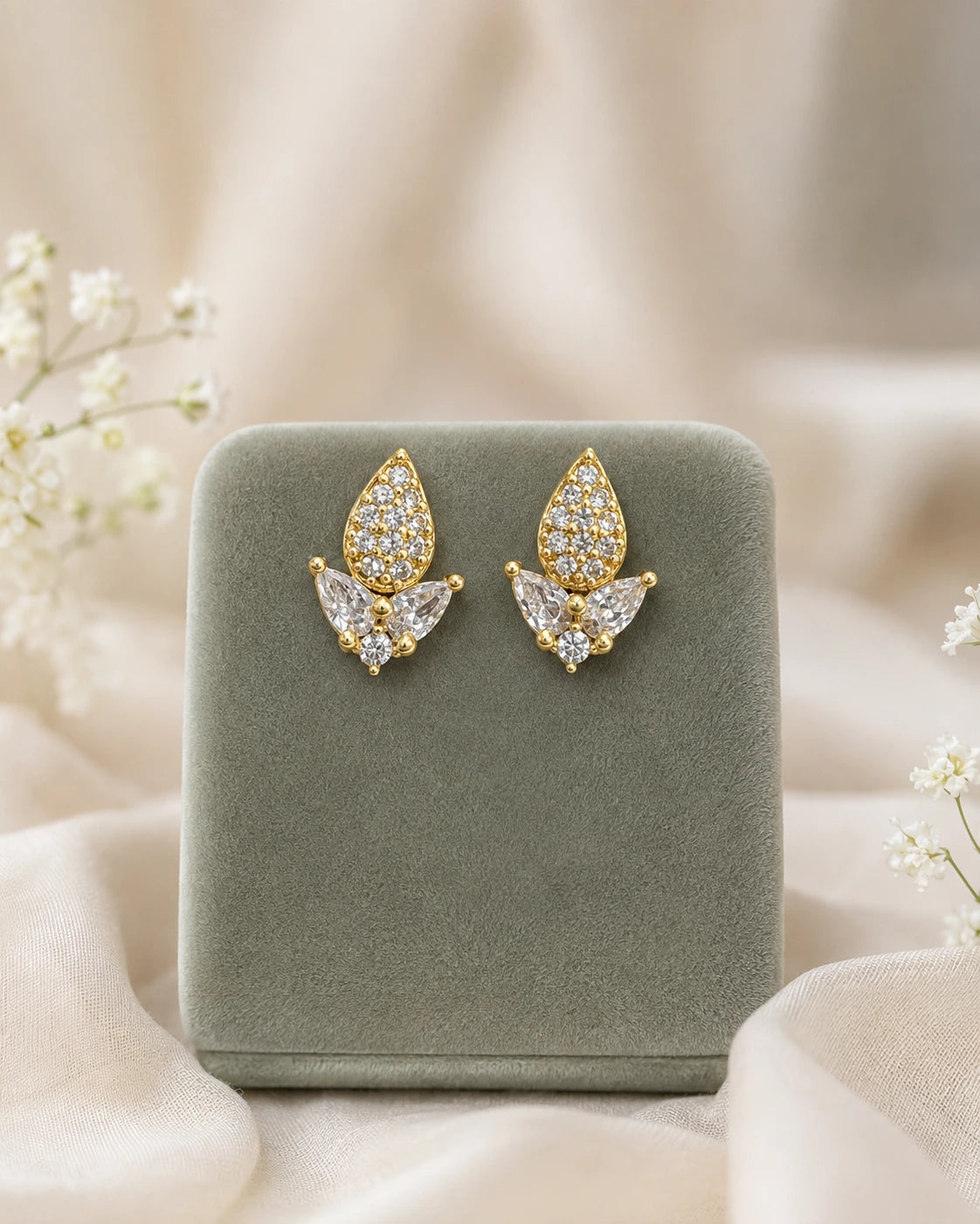 Golden Crystal Leaf Stud Earrings