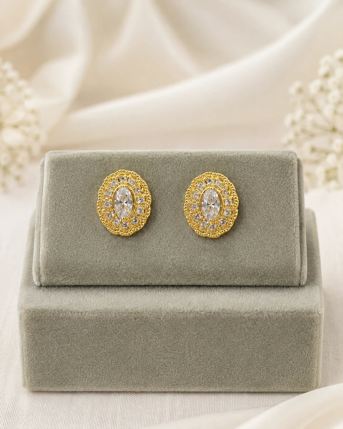 Golden Oval Halo Stud Earrings