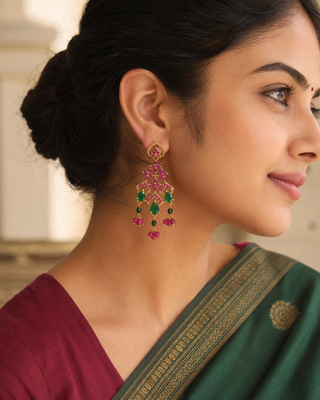 Pink Green Chandelier Drop Earrings