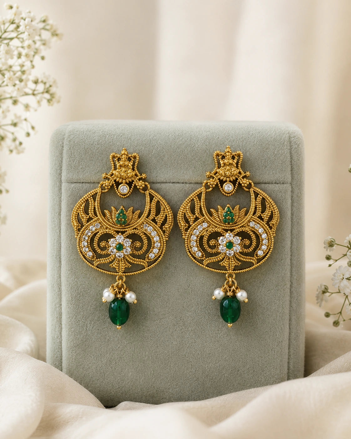Golden Green Beaded Drop Earrings