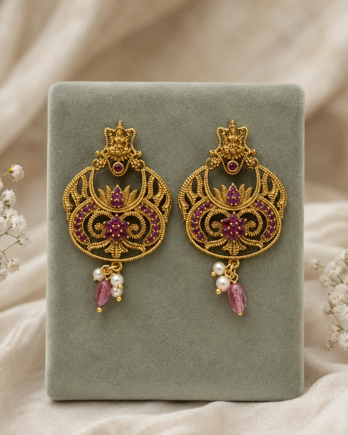 Golden Green Beaded Drop Earrings