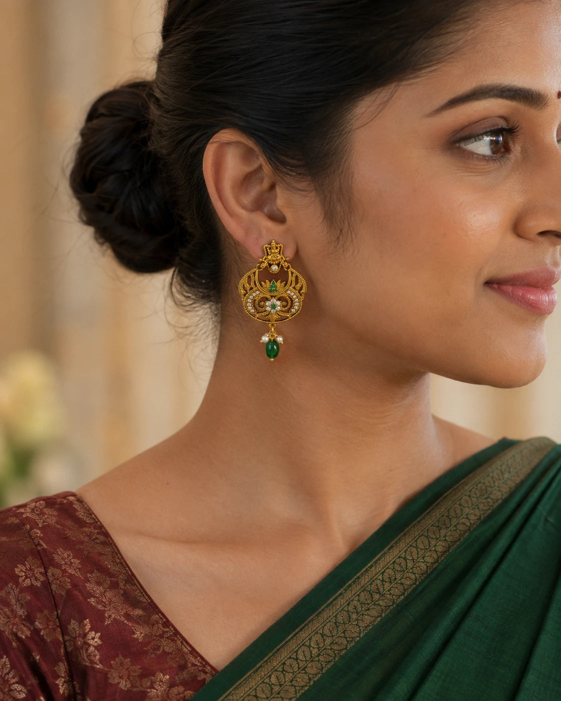 Golden Green Beaded Drop Earrings