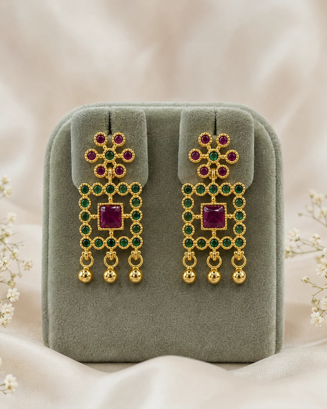 Magenta Green Geometric Drop Earrings