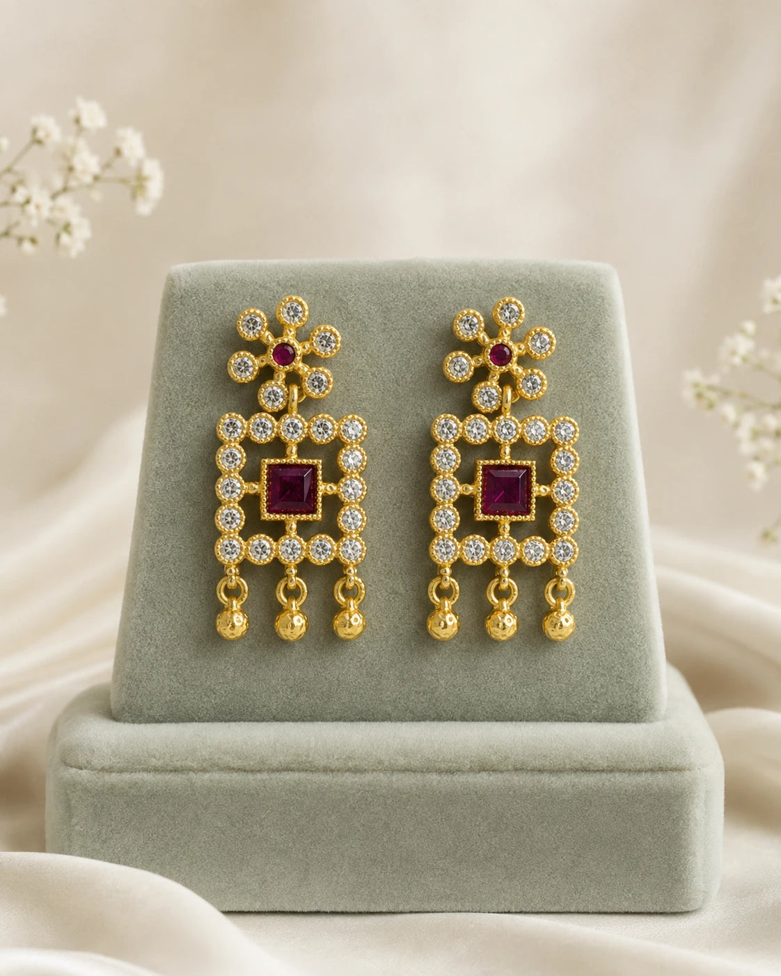 Magenta Green Geometric Drop Earrings