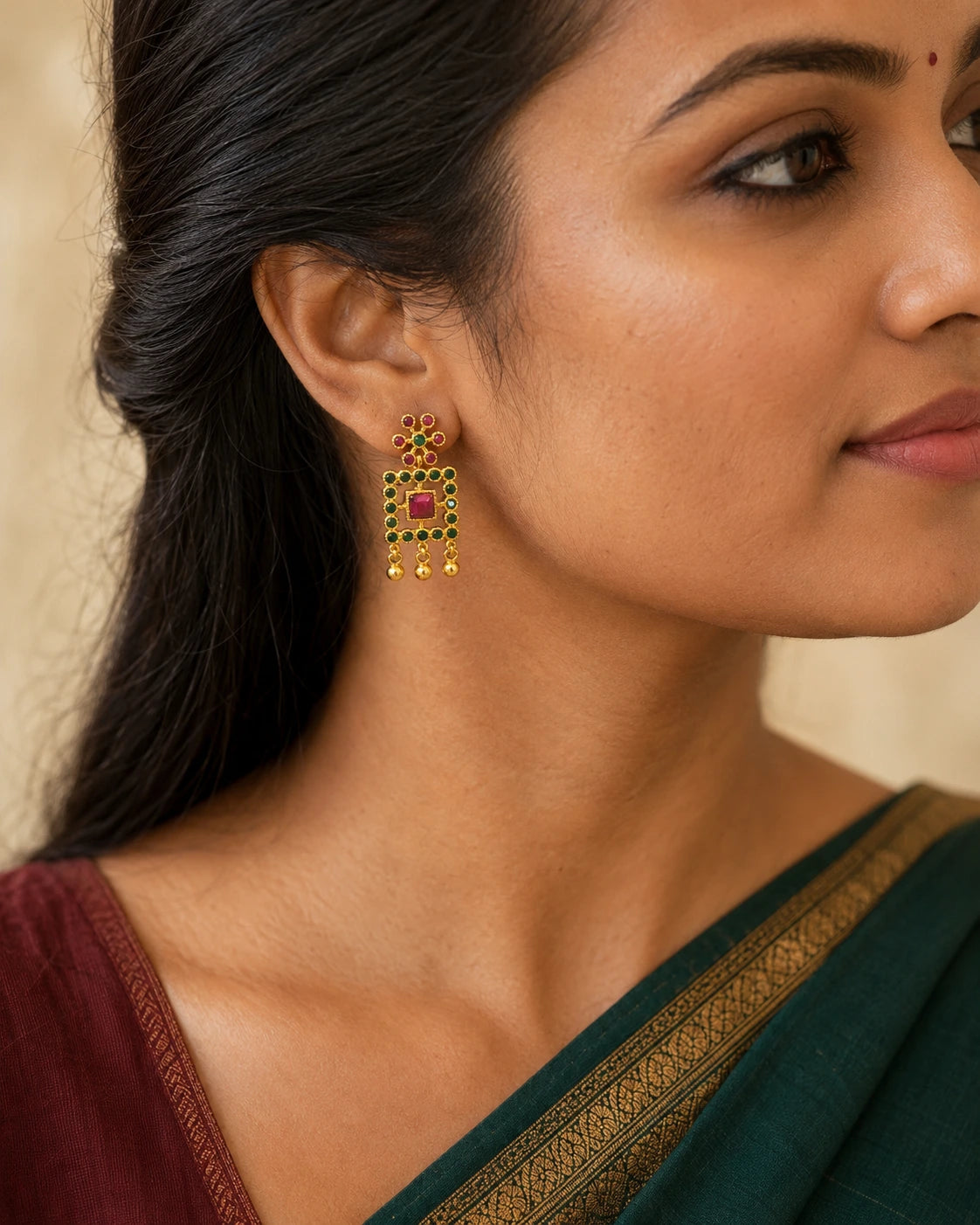 Magenta Green Geometric Drop Earrings