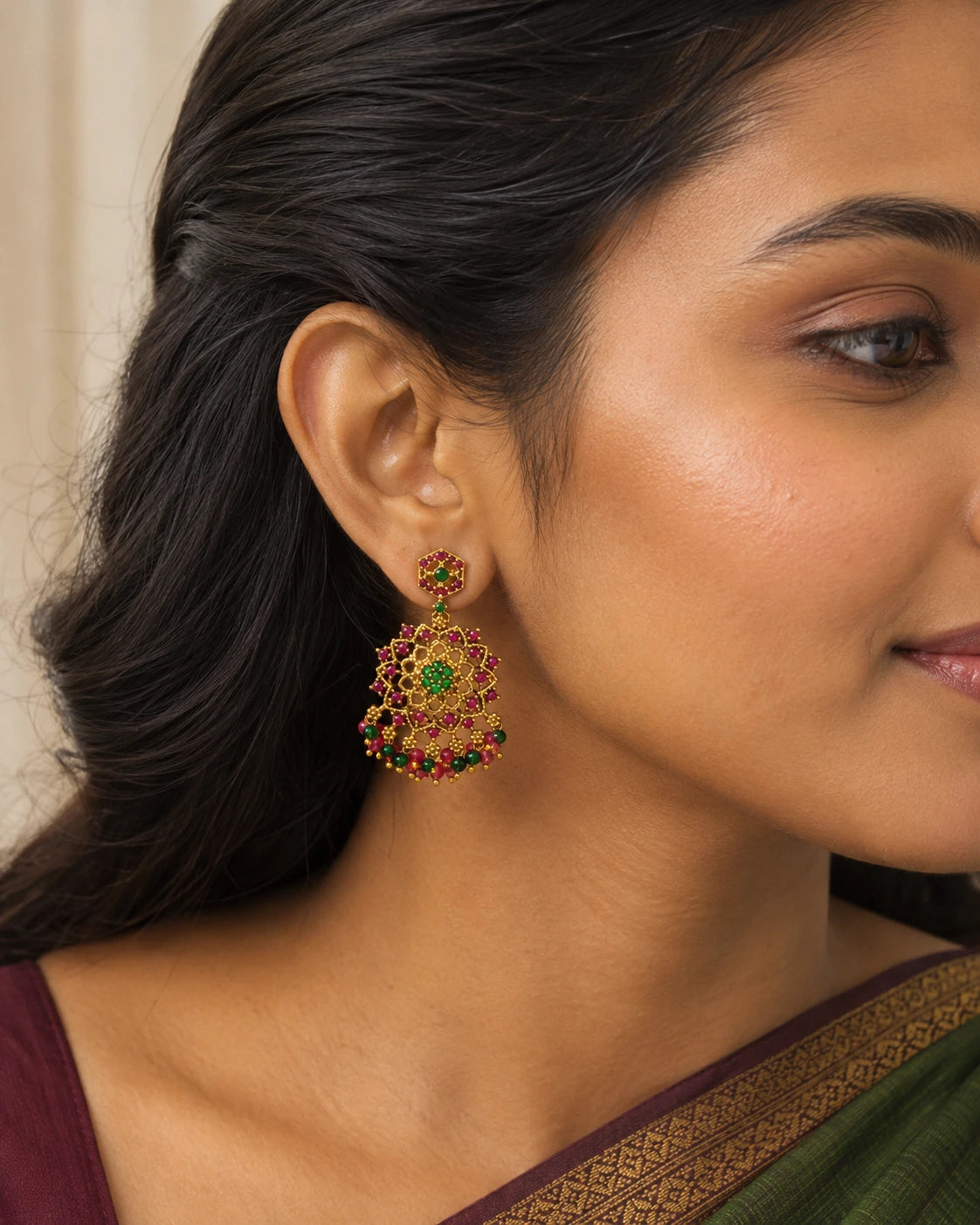 Pink Green Floral Drop Earrings