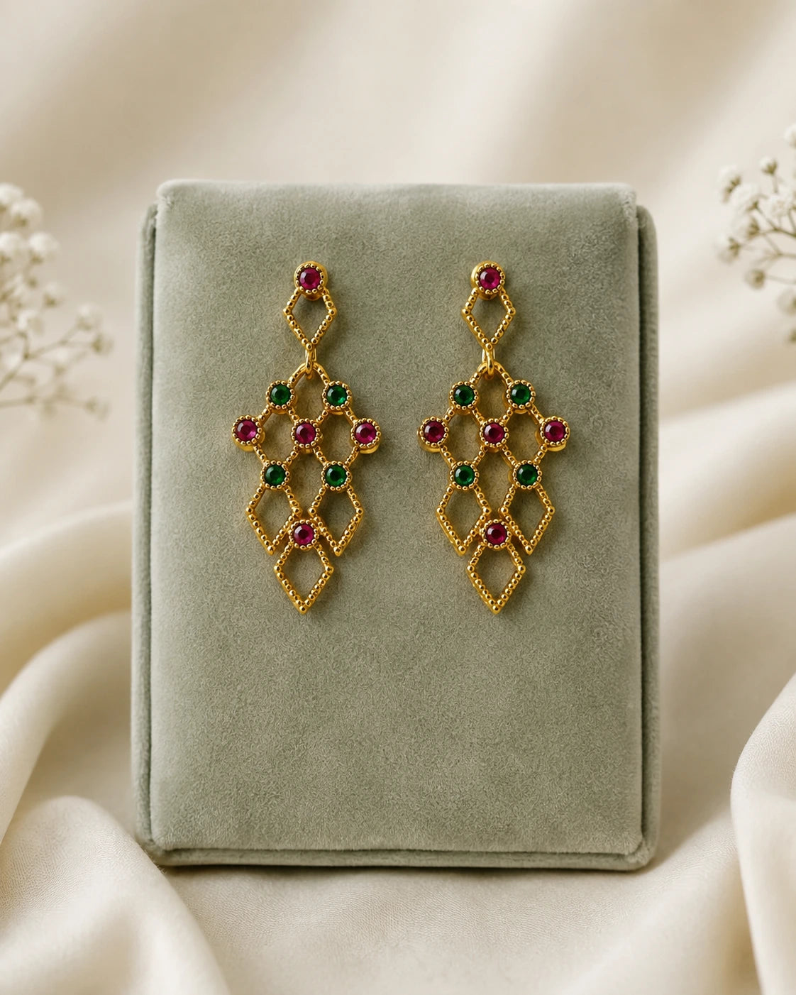 Ruby Green Geometric Drop Earrings