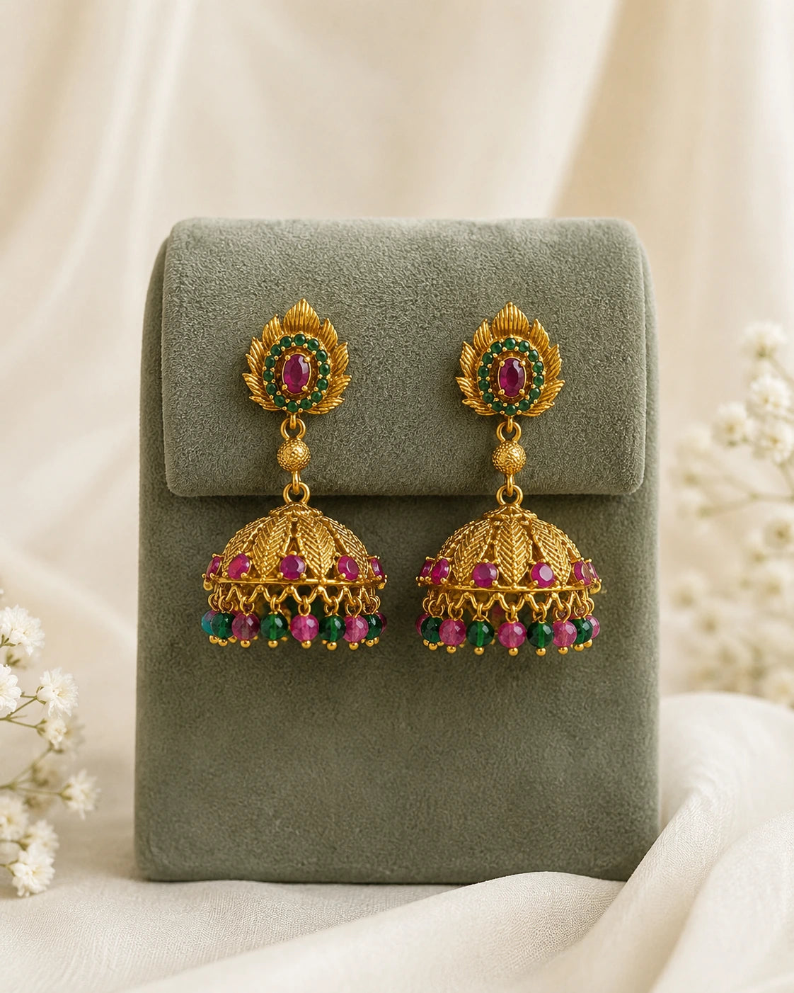 Ruby Green Leaf Jhumka Earrings