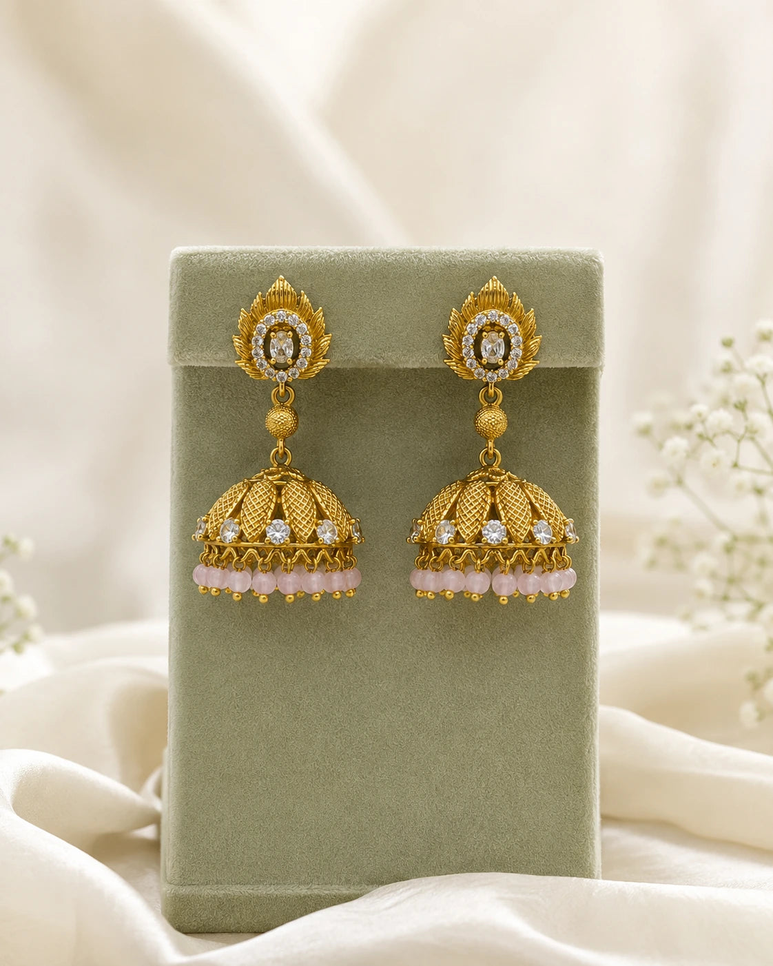 Ruby Green Leaf Jhumka Earrings