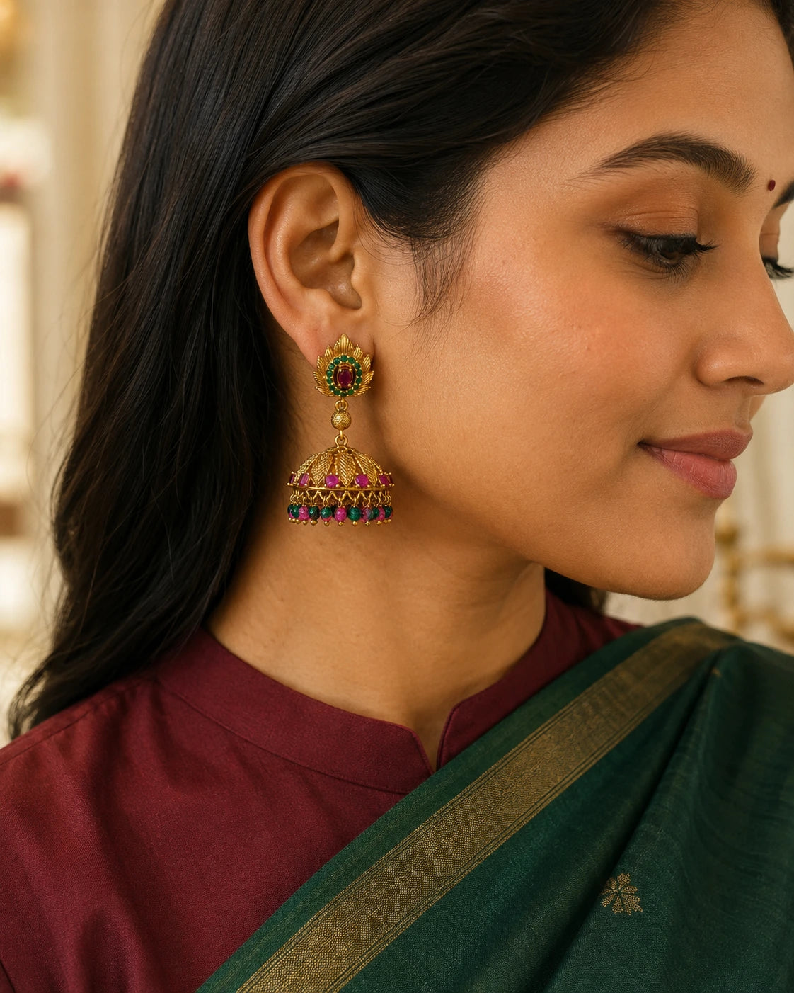 Ruby Green Leaf Jhumka Earrings
