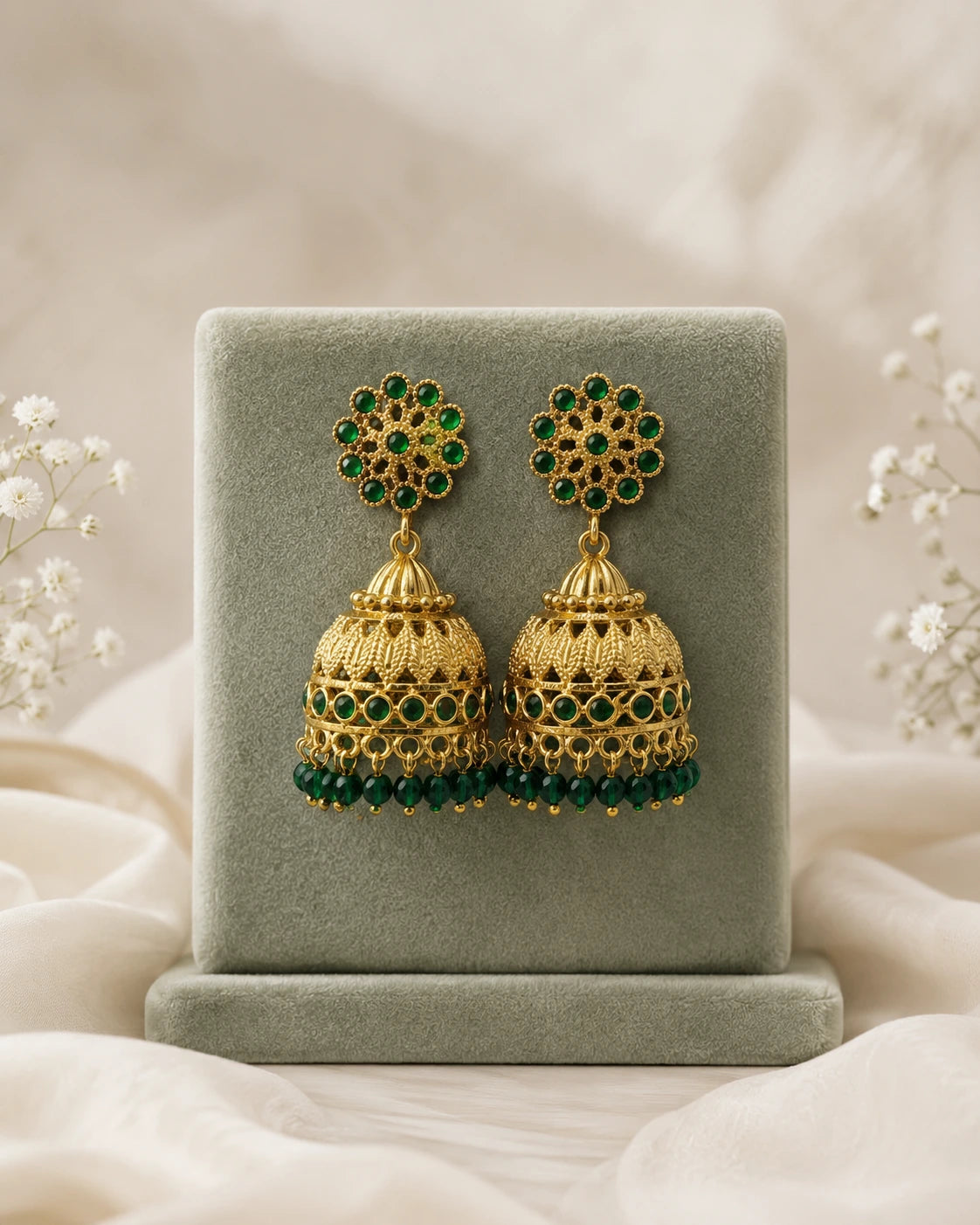 Ruby Green Floral Jhumka Earrings