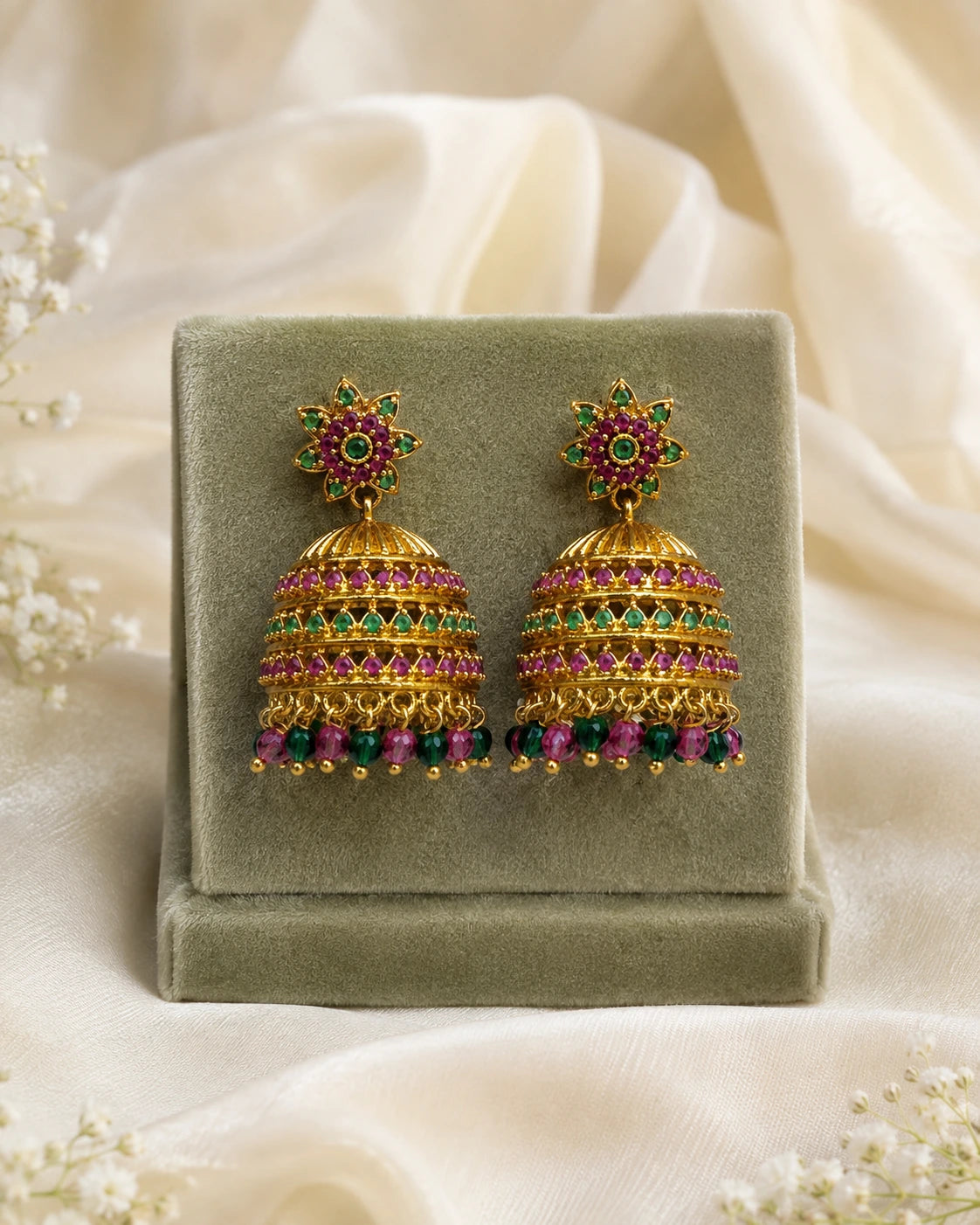 Pink Green Floral Jhumka Earrings