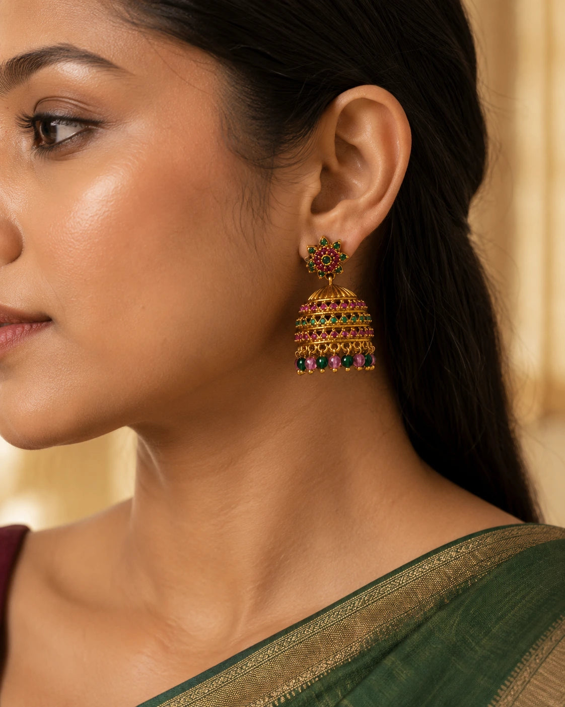 Pink Green Floral Jhumka Earrings