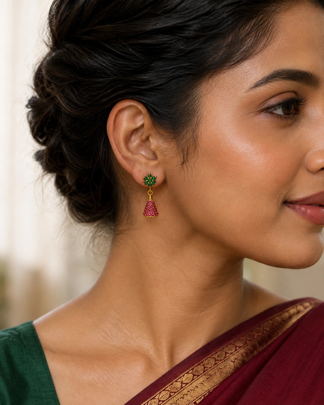 Green Floral Pink Jhumka Earrings