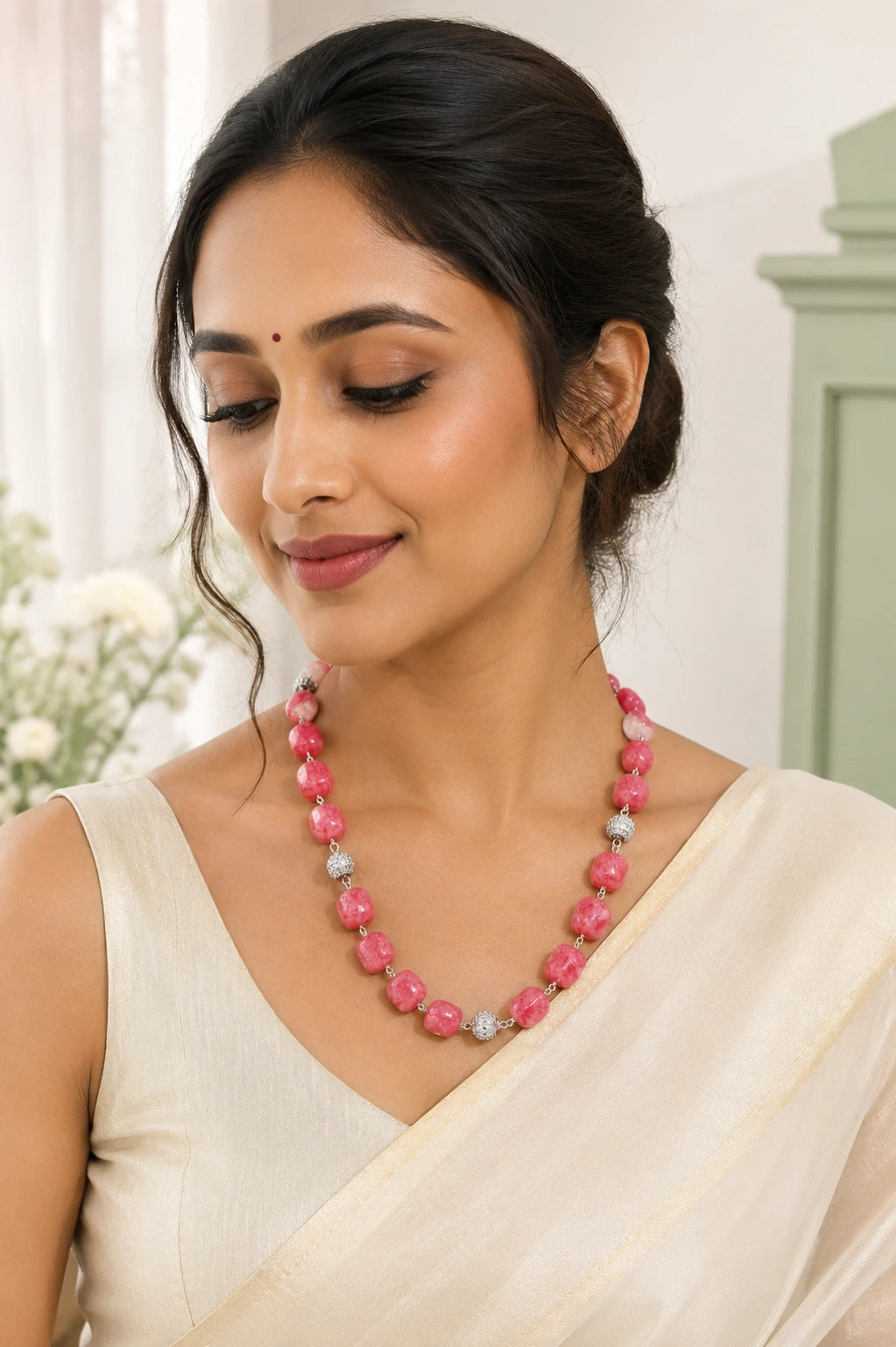 Stone Beads Necklace with CZ Balls