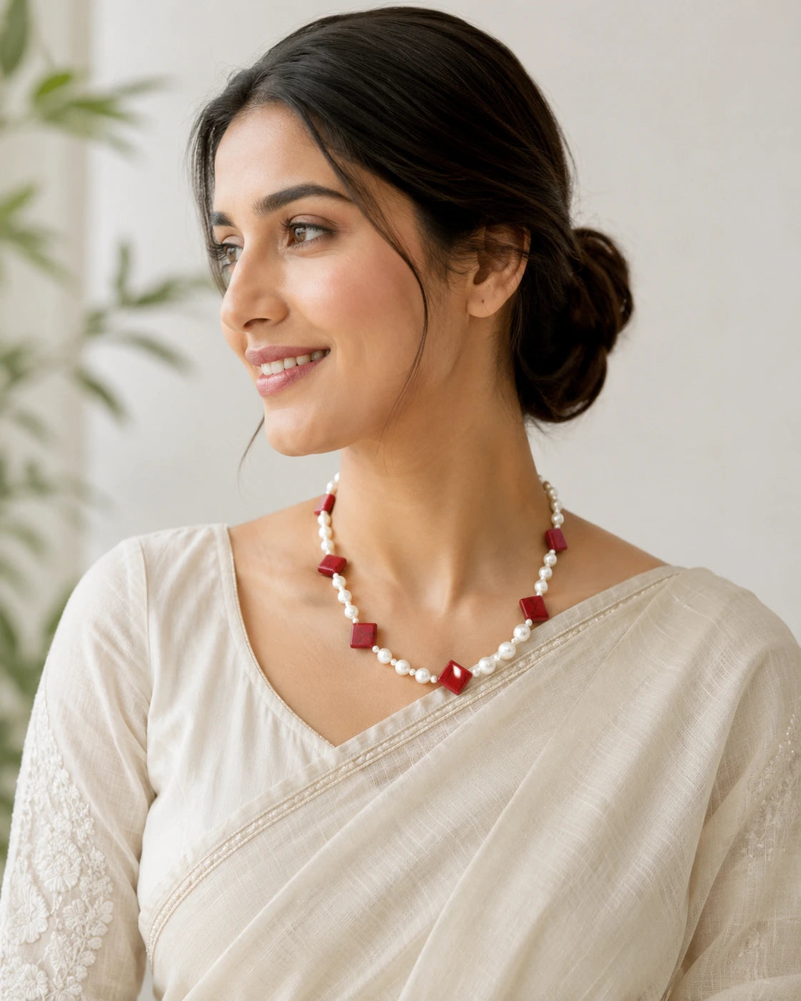 Red Acrylic Bead & Pearl Necklace