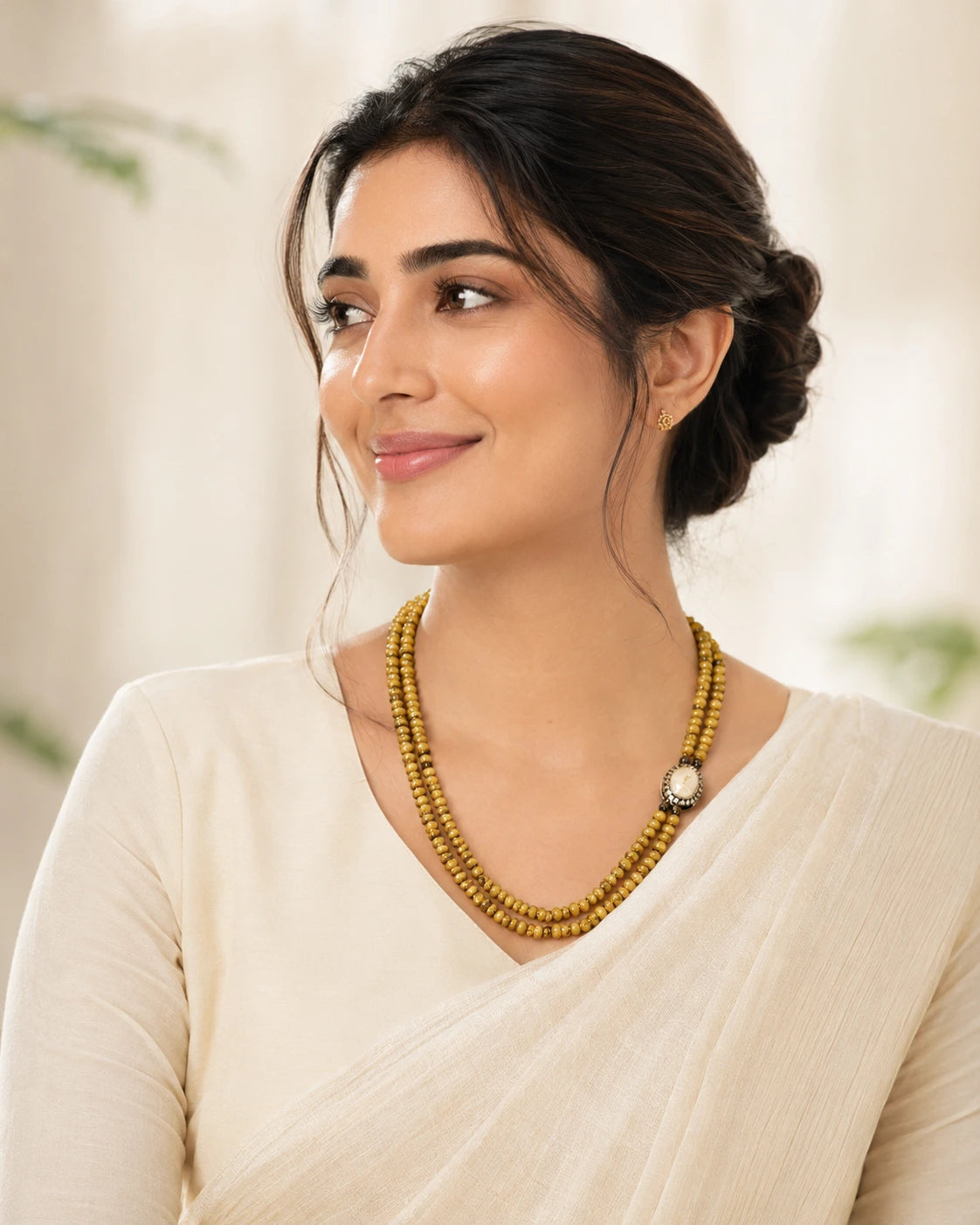 Mustard Yellow Double Layer Textured Cutting Bead Necklace