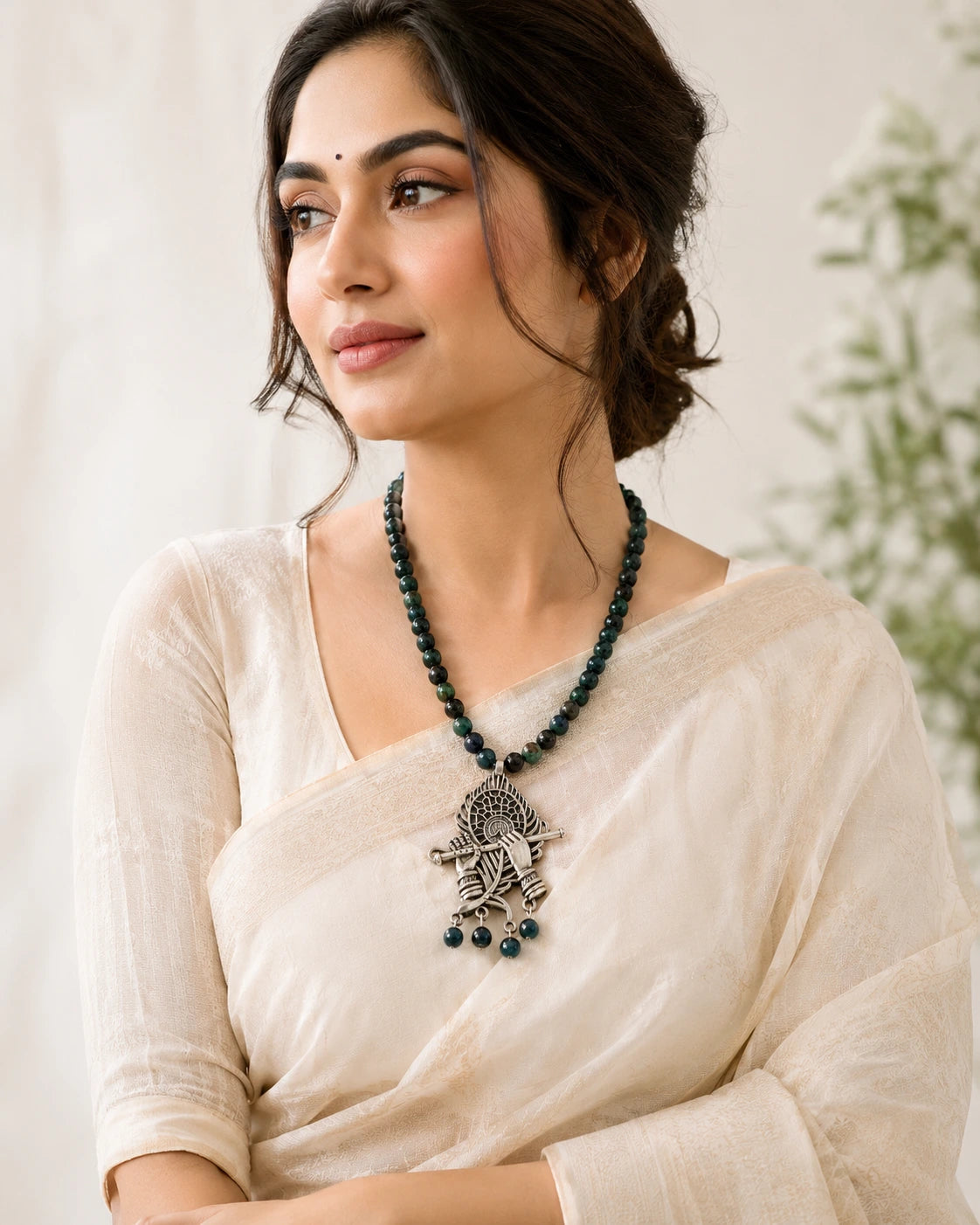 Natural Stone Necklace with Krishna-Inspired Pendant