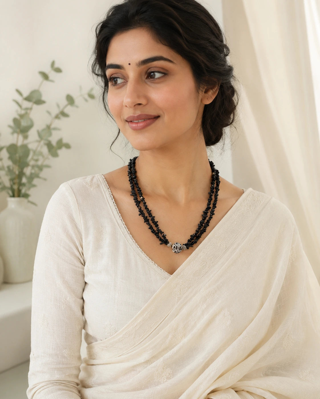Black Natural Uncut Stone Double Layer Necklace