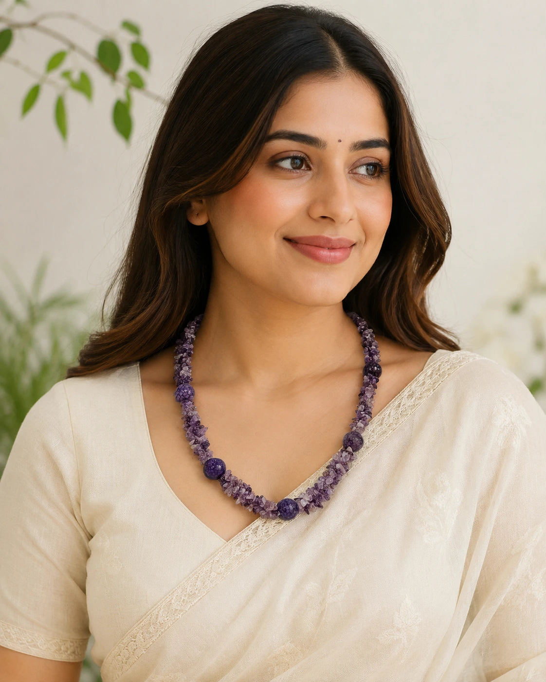 Purple Uncut Stone Double-Layer Necklace