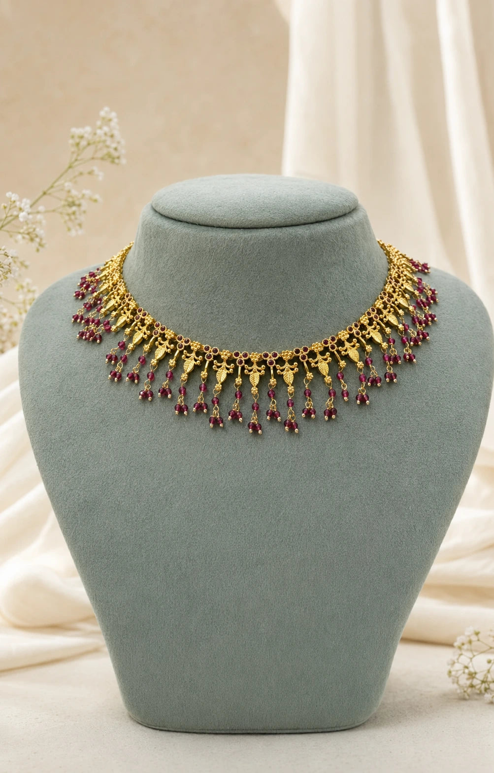 Ruby Green Leaf Drop Necklace