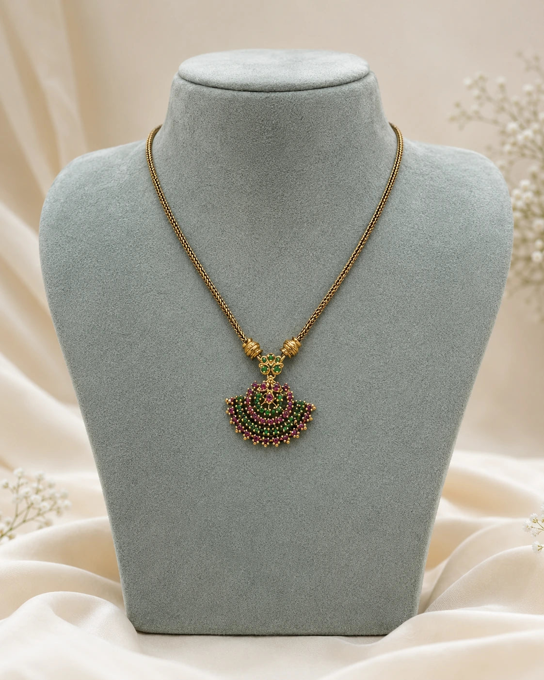 Ruby Green Fan Pendant Necklace