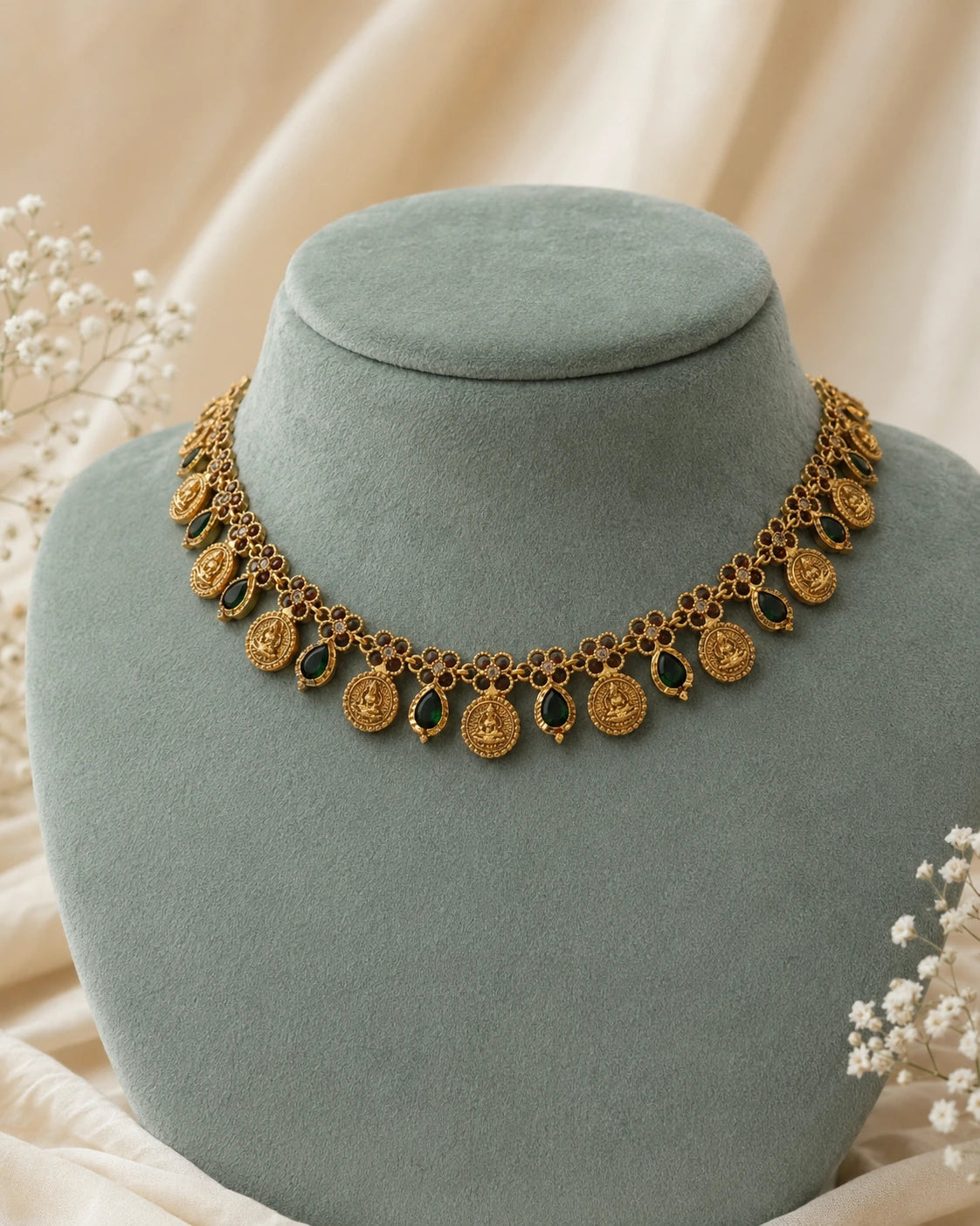 Ruby Green Lakshmi Coin Necklace