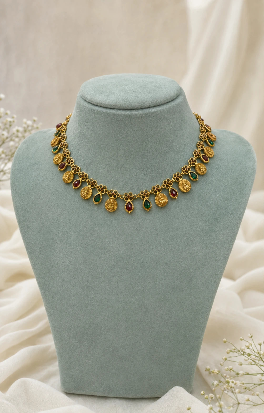 Ruby Green Lakshmi Coin Necklace