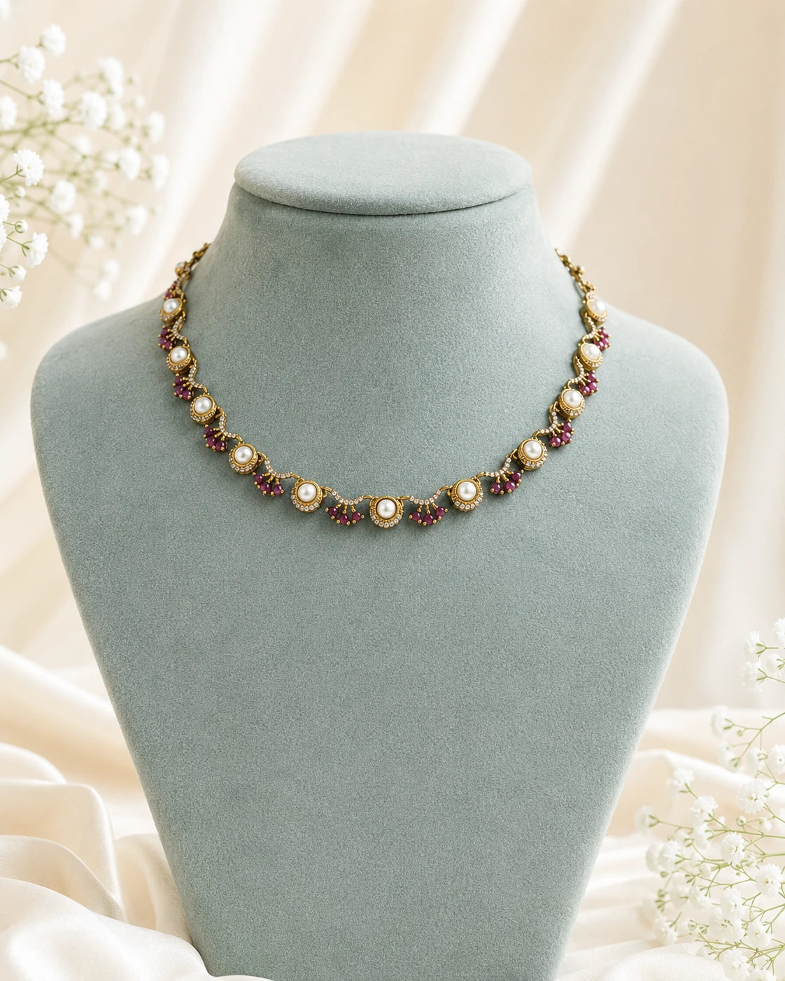 Pearl Ruby Cluster Necklace